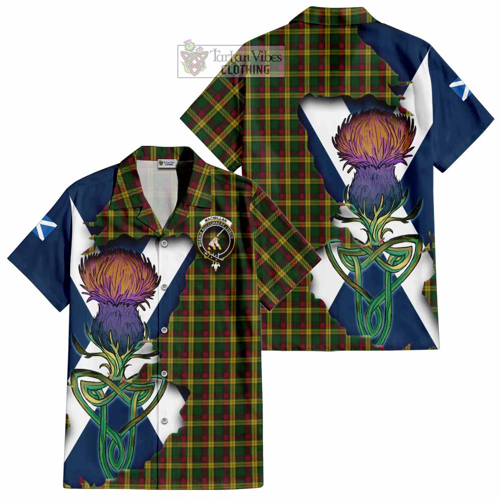 Tartan Vibes Clothing MacMillan (McMillan) Tartan Family Crest Short Sleeve Button Shirt Scottish Thistle Celtic Inspired
