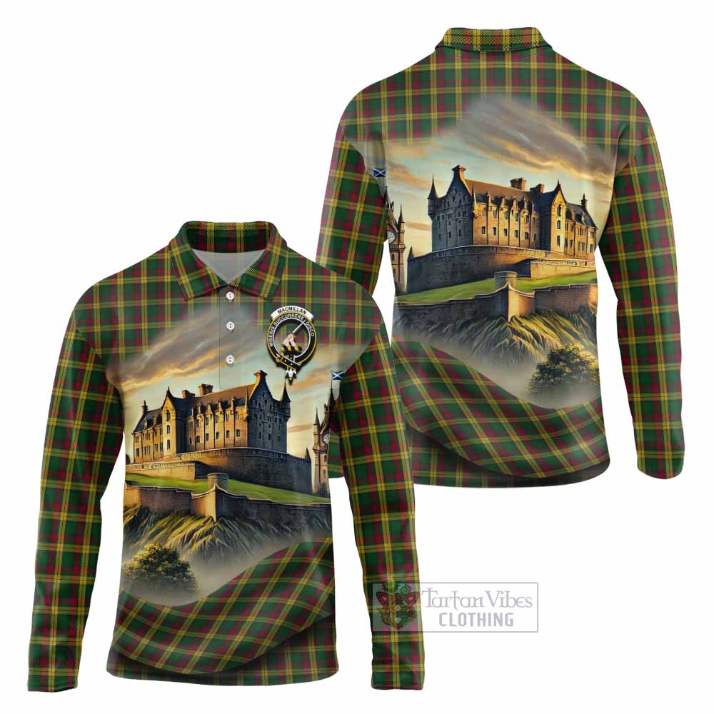 Tartan Vibes Clothing MacMillan (McMillan) Tartan Family Crest Long Sleeve Polo Shirt with Scottish Ancient Castle Style