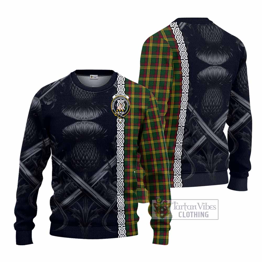 Tartan Vibes Clothing MacMillan (McMillan) Tartan Knitted Sweater with Family Crest Cross Sword Thistle Celtic Vibes