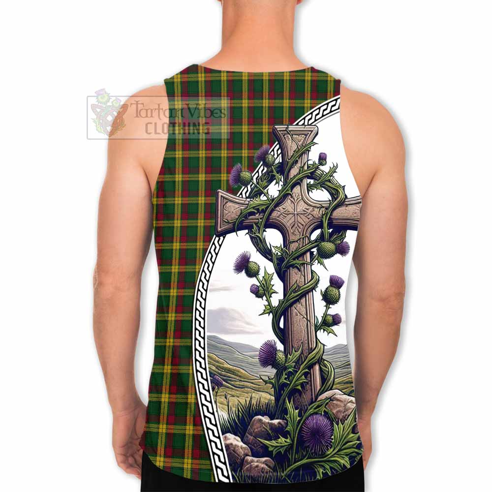 Tartan Vibes Clothing MacMillan (McMillan) Tartan Men's Tank Top with Family Crest and St. Andrew's Cross Accented by Thistle Vines