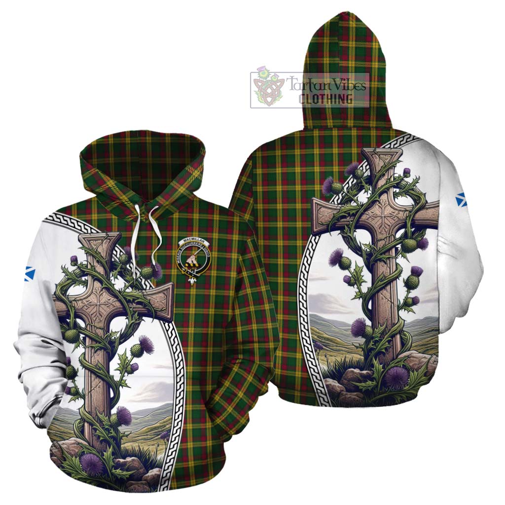 Tartan Vibes Clothing MacMillan (McMillan) Tartan Cotton Hoodie with Family Crest and St. Andrew's Cross Accented by Thistle Vines
