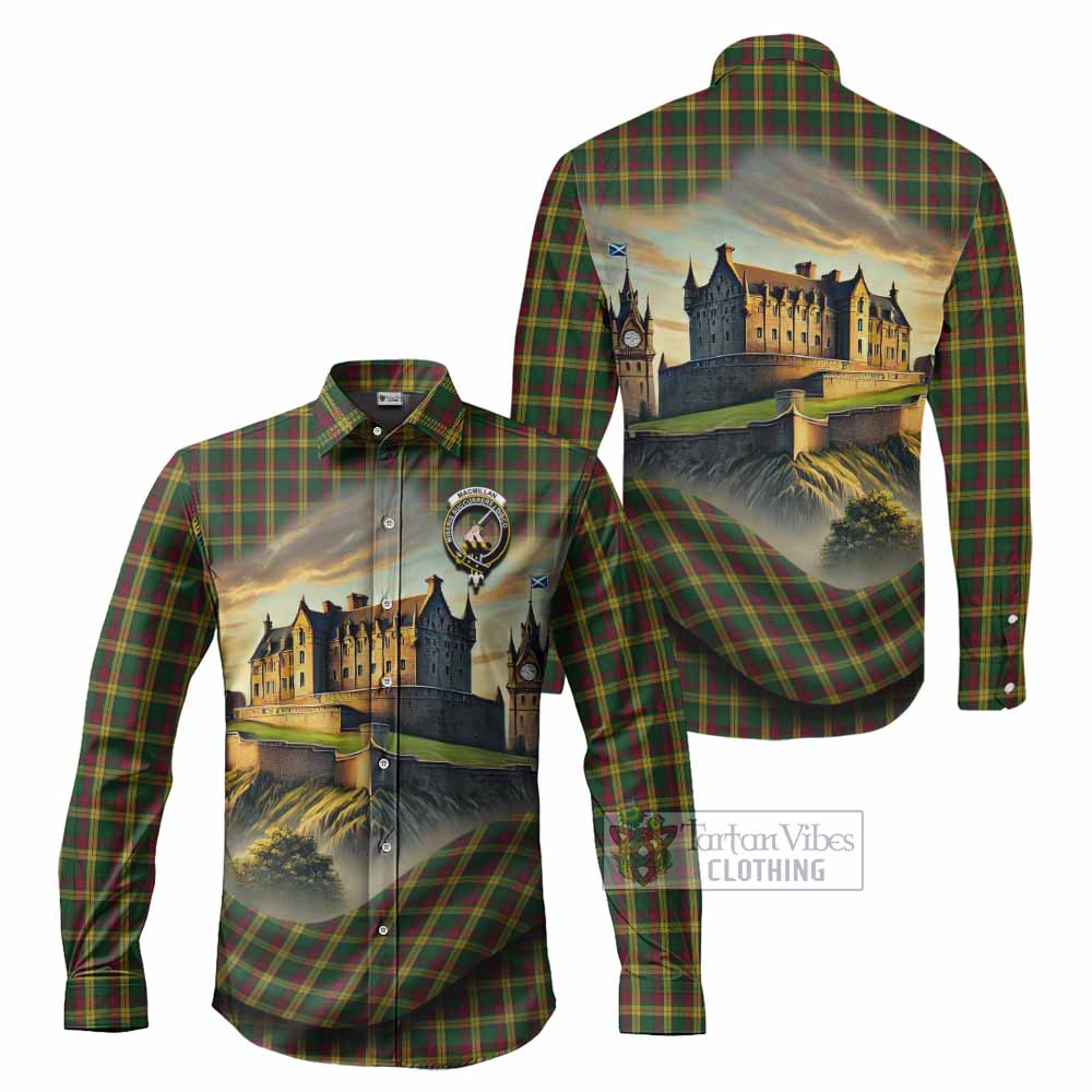 Tartan Vibes Clothing MacMillan (McMillan) Tartan Family Crest Long Sleeve Button Shirt with Scottish Ancient Castle Style