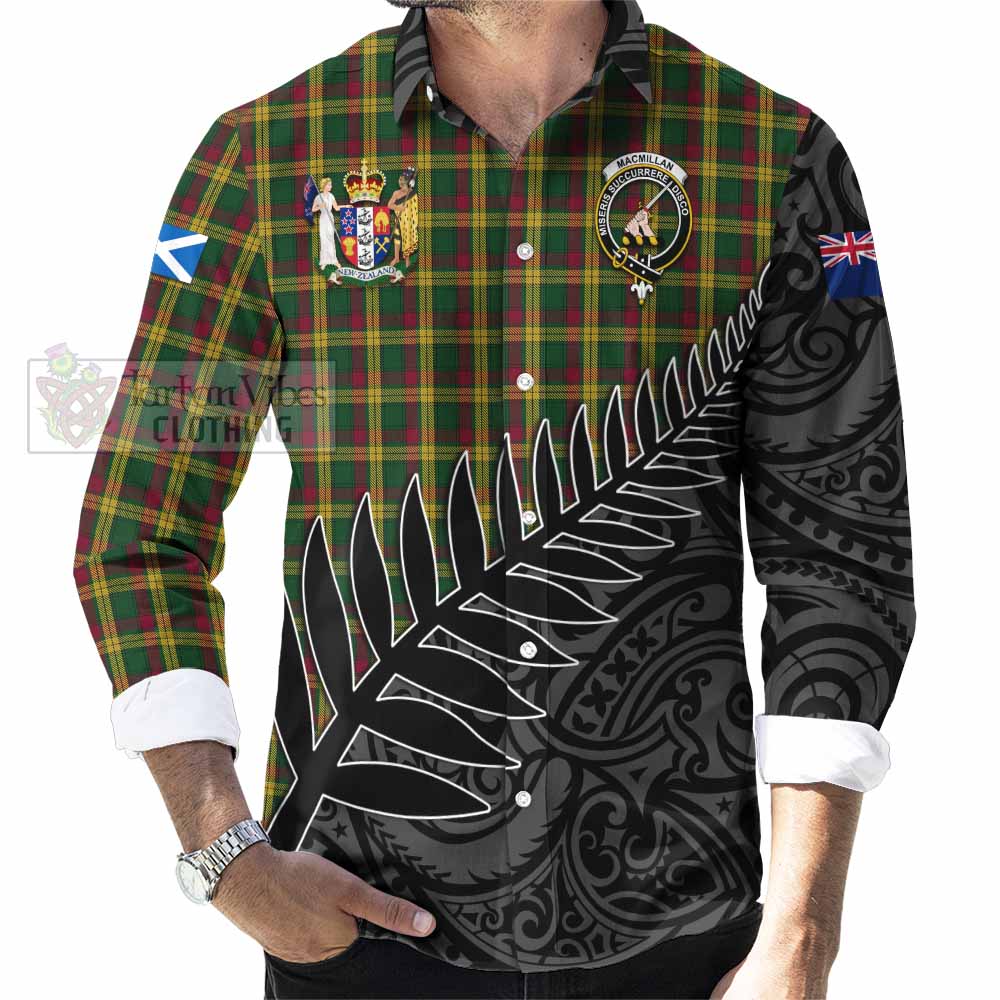 Tartan Vibes Clothing MacMillan (McMillan) Crest Tartan Long Sleeve Button Shirt with New Zealand Silver Fern Half Style