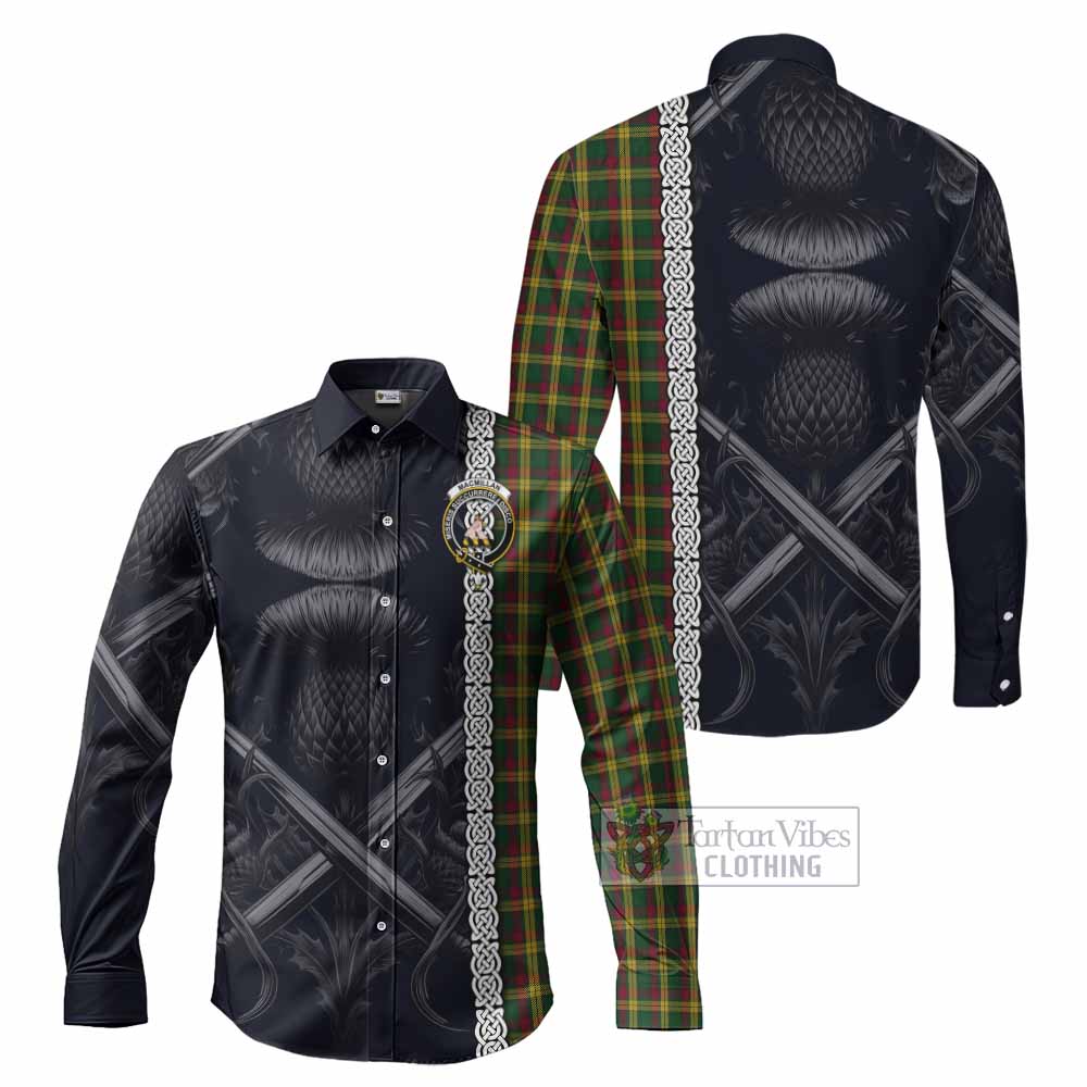 Tartan Vibes Clothing MacMillan (McMillan) Tartan Long Sleeve Button Shirt with Family Crest Cross Sword Thistle Celtic Vibes