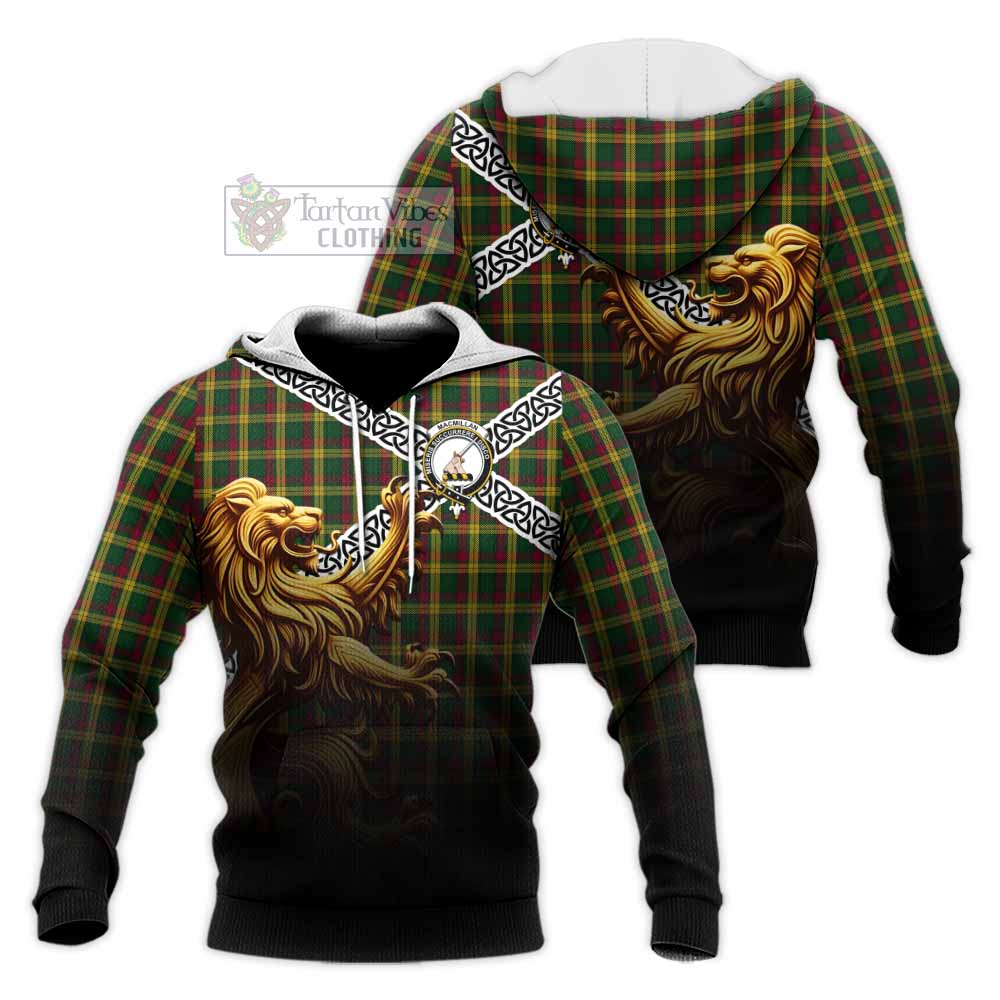 Tartan Vibes Clothing MacMillan (McMillan) Crest Tartan Knitted Hoodie with Golden Lion Emblem Celtic Style