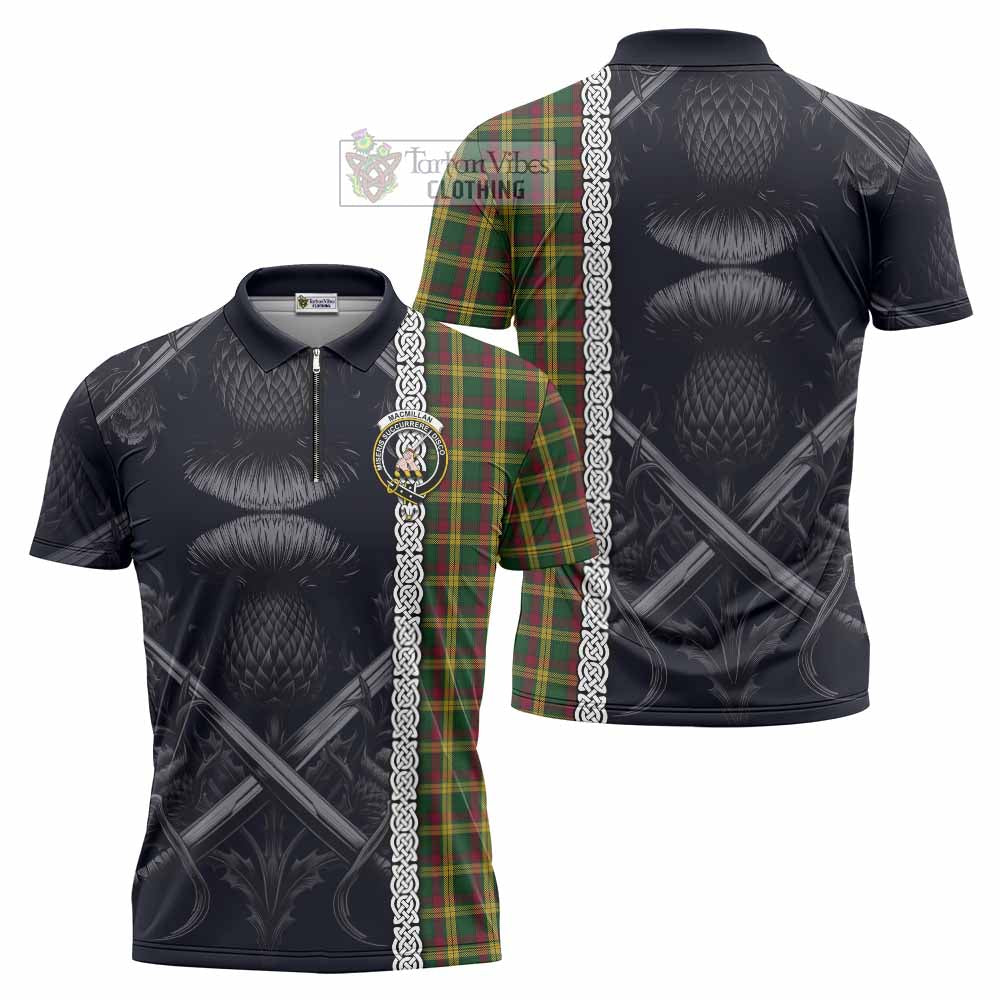 Tartan Vibes Clothing MacMillan (McMillan) Tartan Zipper Polo Shirt with Family Crest Cross Sword Thistle Celtic Vibes