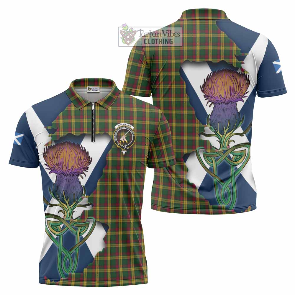 Tartan Vibes Clothing MacMillan (McMillan) Tartan Family Crest Zipper Polo Shirt Scottish Thistle Celtic Inspired