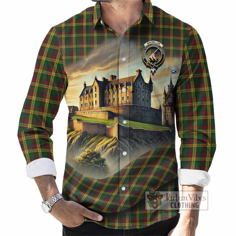 Tartan Vibes Clothing MacMillan (McMillan) Tartan Family Crest Long Sleeve Button Shirt with Scottish Ancient Castle Style