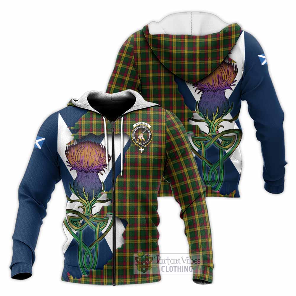 Tartan Vibes Clothing MacMillan (McMillan) Tartan Family Crest Knitted Hoodie Scottish Thistle Celtic Inspired