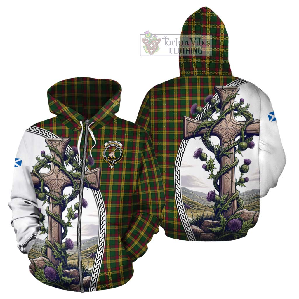 Tartan Vibes Clothing MacMillan (McMillan) Tartan Cotton Hoodie with Family Crest and St. Andrew's Cross Accented by Thistle Vines