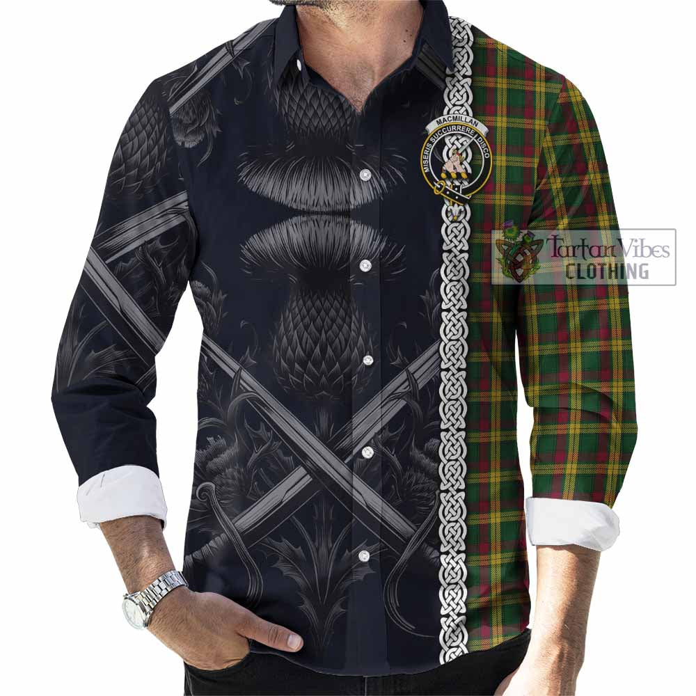 Tartan Vibes Clothing MacMillan (McMillan) Tartan Long Sleeve Button Shirt with Family Crest Cross Sword Thistle Celtic Vibes