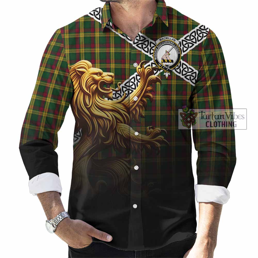 Tartan Vibes Clothing MacMillan (McMillan) Crest Tartan Long Sleeve Button Shirt with Golden Lion Emblem Celtic Style