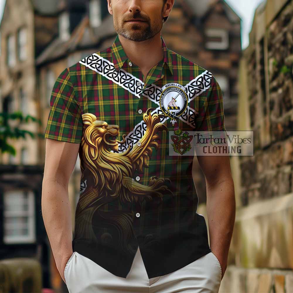 Tartan Vibes Clothing MacMillan (McMillan) Crest Tartan Short Sleeve Button Shirt with Golden Lion Emblem Celtic Style