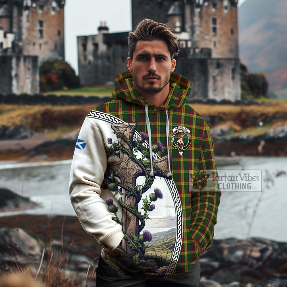 Tartan Vibes Clothing MacMillan (McMillan) Tartan Cotton Hoodie with Family Crest and St. Andrew's Cross Accented by Thistle Vines