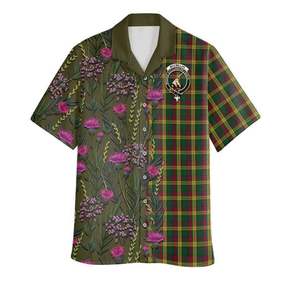MacMillan (McMillan) Family Crest Tartan Hawaiian Shirt Scottish Thistle Flower Pattern Half Style - Tartan Vibes Clothing