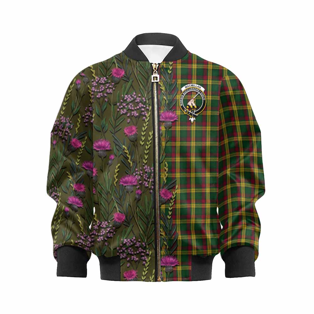 MacMillan (McMillan) Family Crest Tartan Kid Bomber Jacket Scottish Thistle Flower Pattern Half Style - Tartan Vibes Clothing