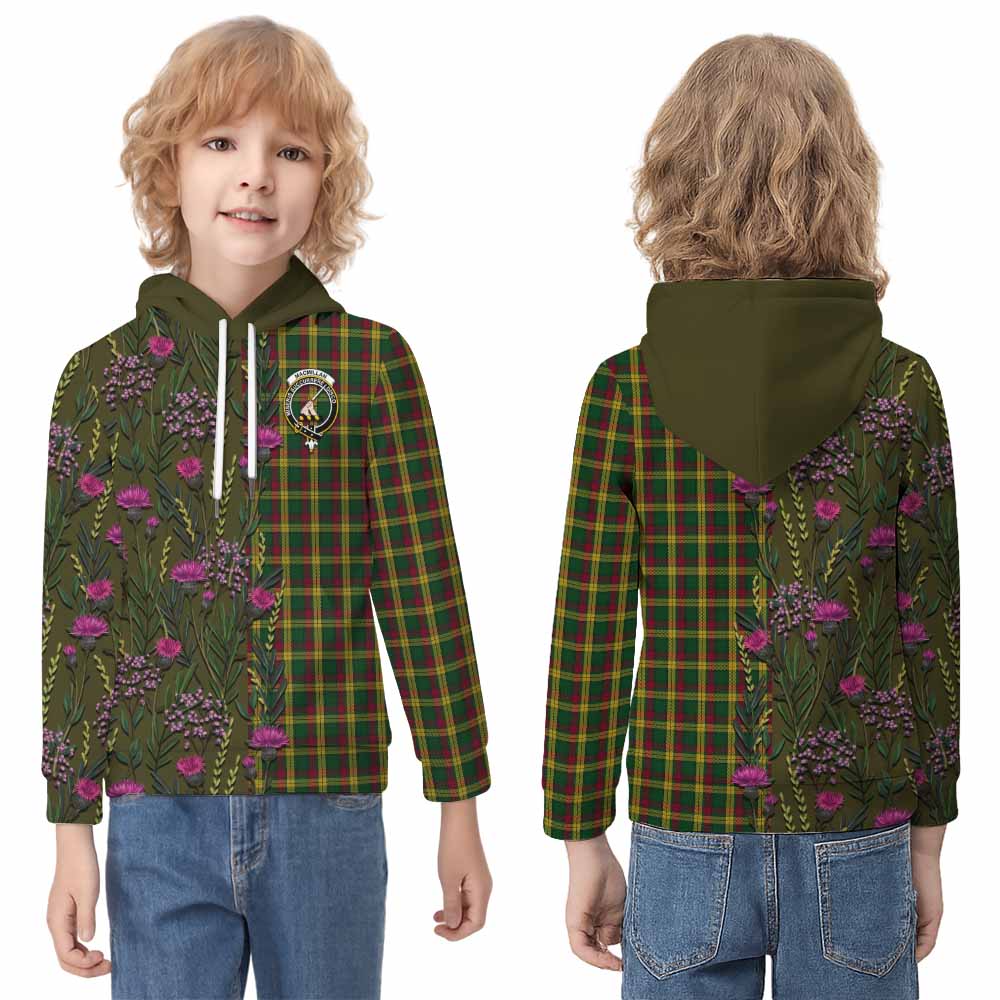 MacMillan (McMillan) Family Crest Tartan Kid Hoodie Scottish Thistle Flower Pattern Half Style - Tartan Vibes Clothing