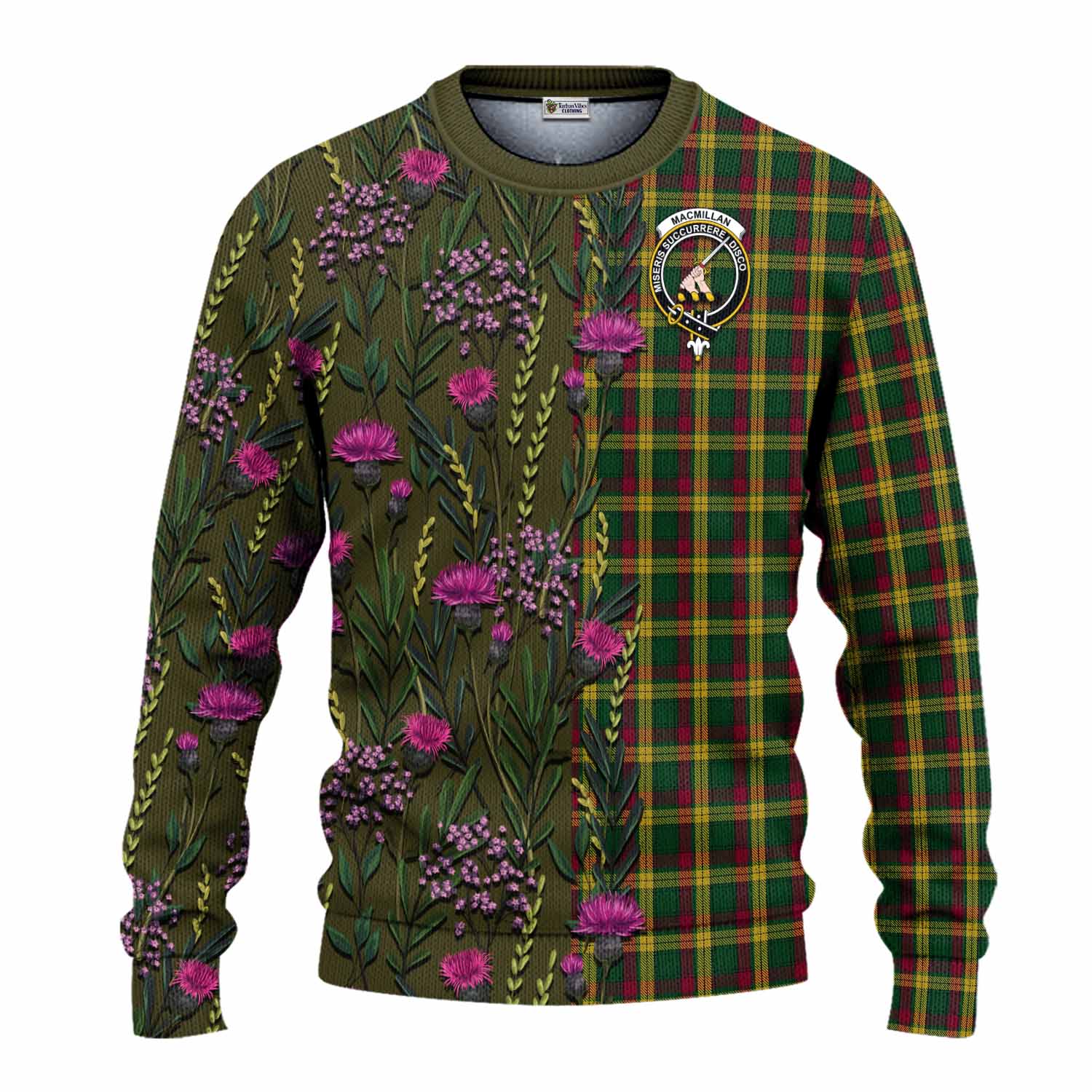 MacMillan (McMillan) Family Crest Tartan Knitted Sweater Scottish Thistle Flower Pattern Half Style - Tartan Vibes Clothing