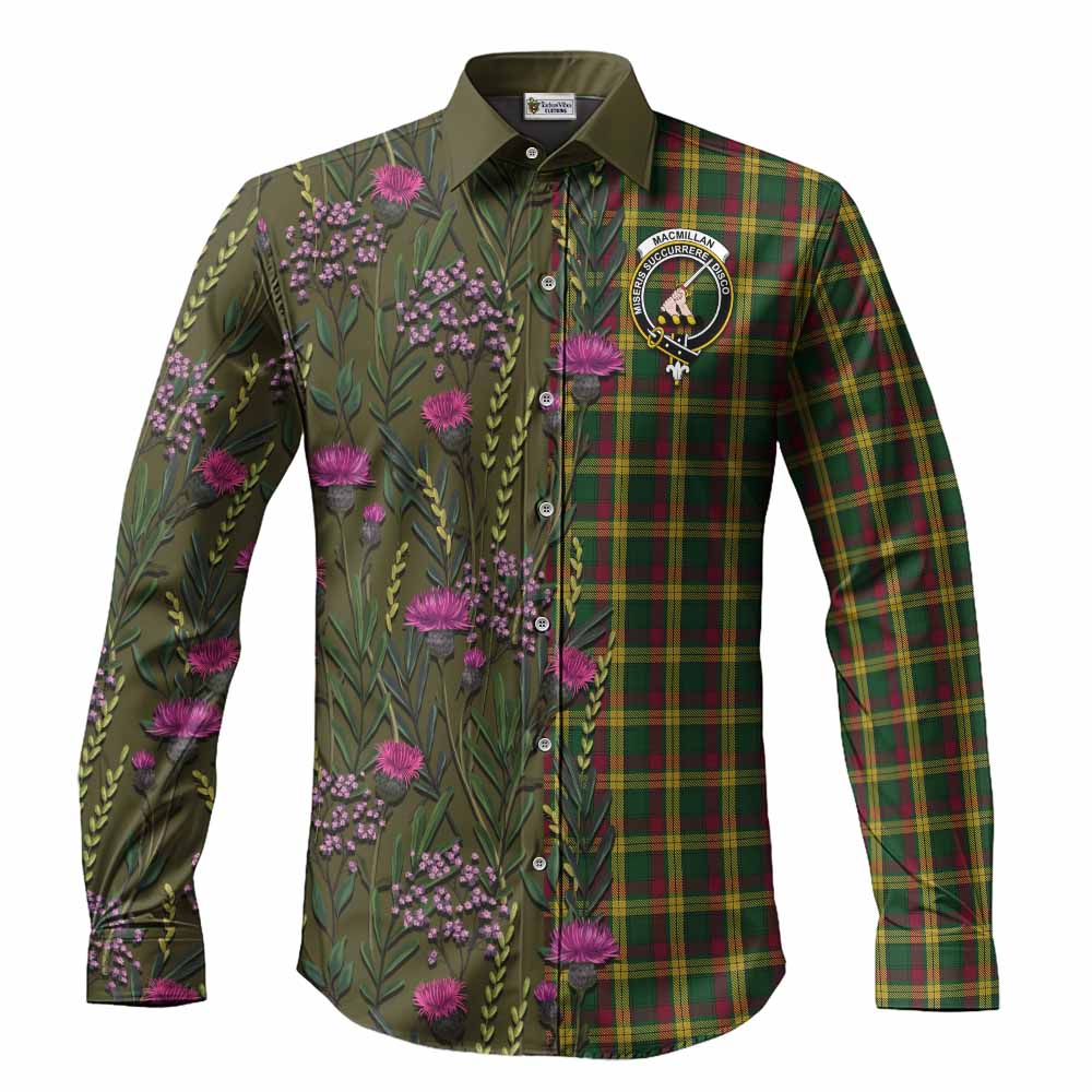 MacMillan (McMillan) Family Crest Tartan Long Sleeve Button Shirts Scottish Thistle Flower Pattern Half Style - Tartan Vibes Clothing