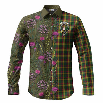 MacMillan (McMillan) Family Crest Tartan Long Sleeve Button Shirts Scottish Thistle Flower Pattern Half Style