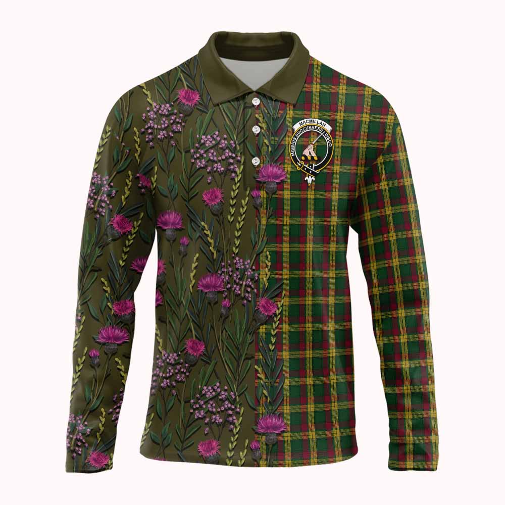 MacMillan (McMillan) Family Crest Tartan Long Sleeve Polo Shirt Scottish Thistle Flower Pattern Half Style - Tartan Vibes Clothing