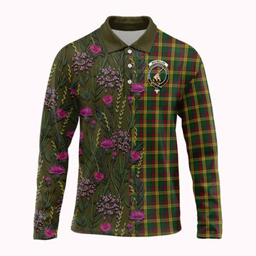MacMillan (McMillan) Family Crest Tartan Long Sleeve Polo Shirt Scottish Thistle Flower Pattern Half Style