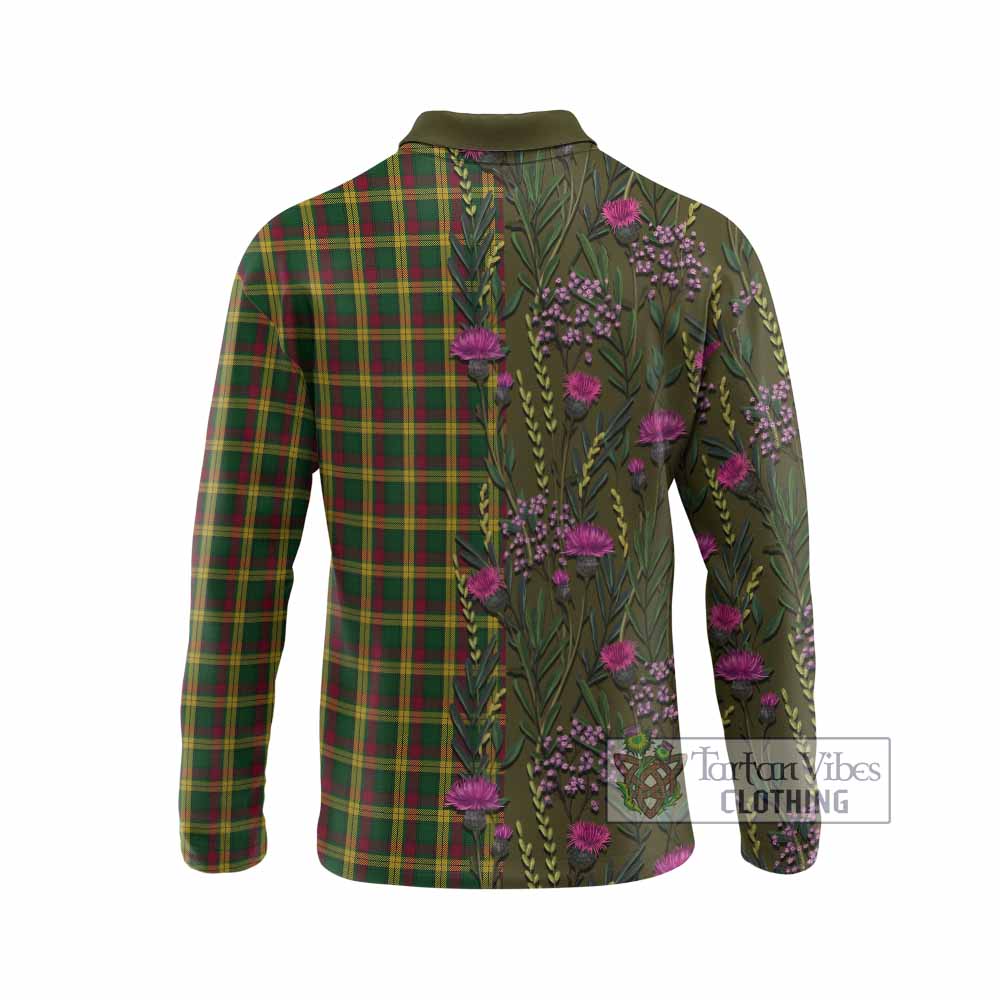 MacMillan (McMillan) Family Crest Tartan Long Sleeve Polo Shirt Scottish Thistle Flower Pattern Half Style - Tartan Vibes Clothing
