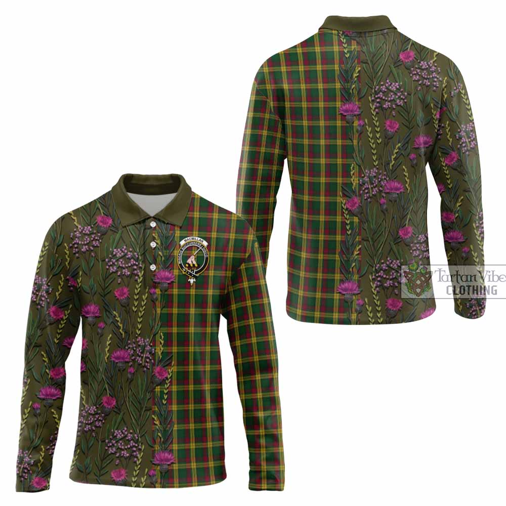 MacMillan (McMillan) Family Crest Tartan Long Sleeve Polo Shirt Scottish Thistle Flower Pattern Half Style - Tartan Vibes Clothing