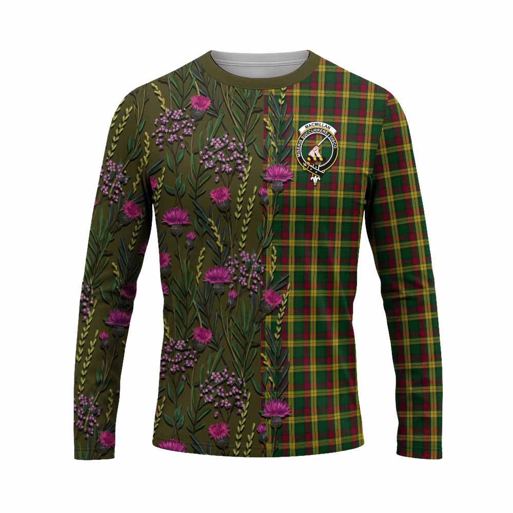 MacMillan (McMillan) Family Crest Tartan Long Sleeve T-Shirt Scottish Thistle Flower Pattern Half Style - Tartan Vibes Clothing