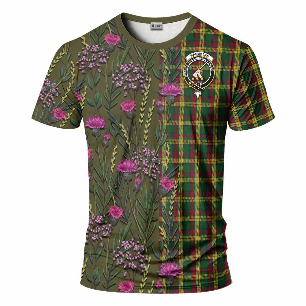 MacMillan (McMillan) Family Crest Tartan T-Shirt Scottish Thistle Flower Pattern Half Style - Tartan Vibes Clothing