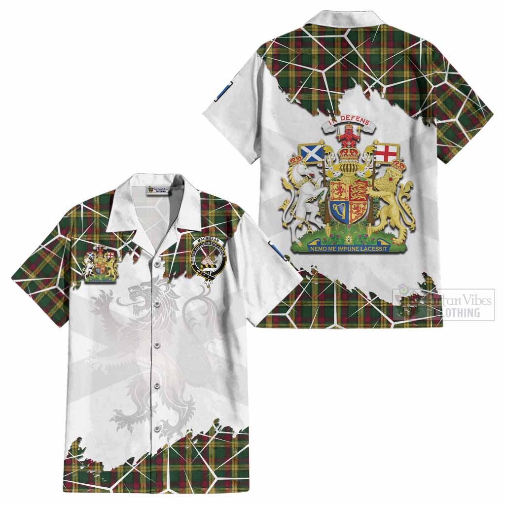 MacMillan (McMillan) Tartan Cotton Hawaiian Shirt with Family Crest and Lion Rampant Grunge Style