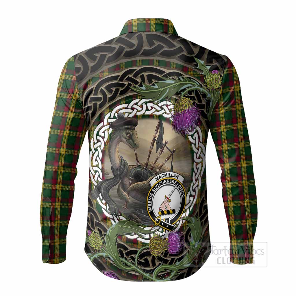 MacMillan (McMillan) Tartan Crest Bagpipe Nessie Long Sleeve Button Shirts Scottish Loch Ness Monster Celtic Thistle