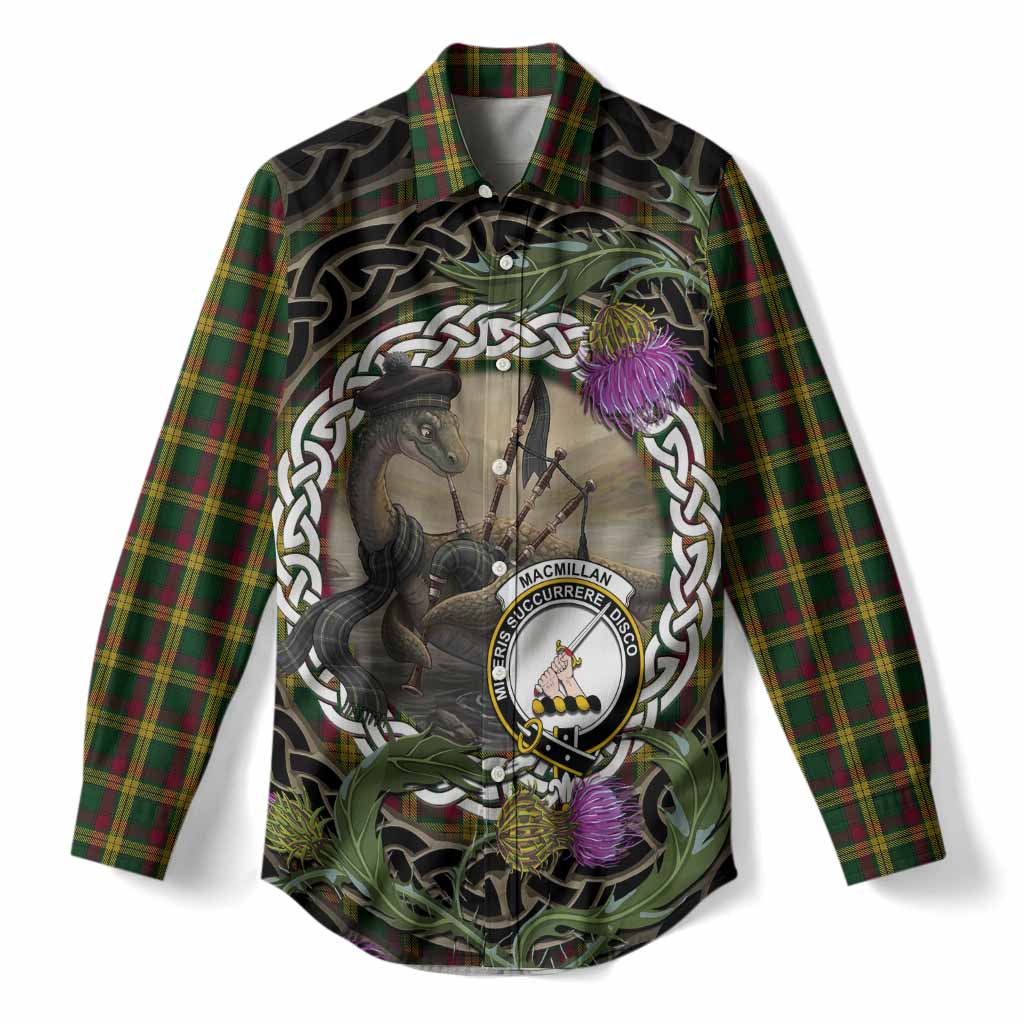 MacMillan (McMillan) Tartan Crest Bagpipe Nessie Women Casual Shirt Scottish Loch Ness Monster Celtic Thistle