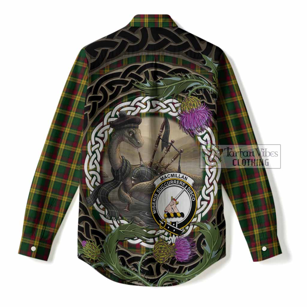 MacMillan (McMillan) Tartan Crest Bagpipe Nessie Women Casual Shirt Scottish Loch Ness Monster Celtic Thistle
