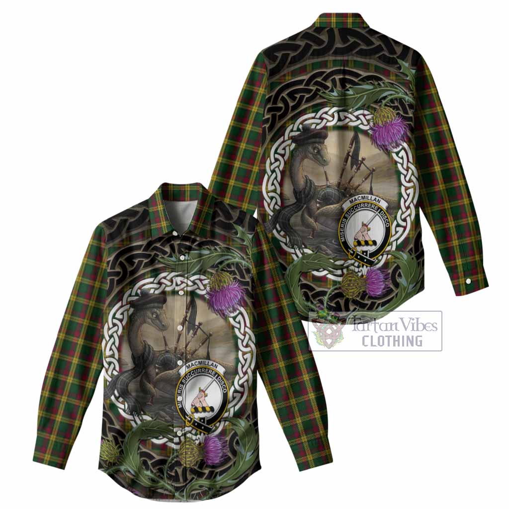 MacMillan (McMillan) Tartan Crest Bagpipe Nessie Women Casual Shirt Scottish Loch Ness Monster Celtic Thistle