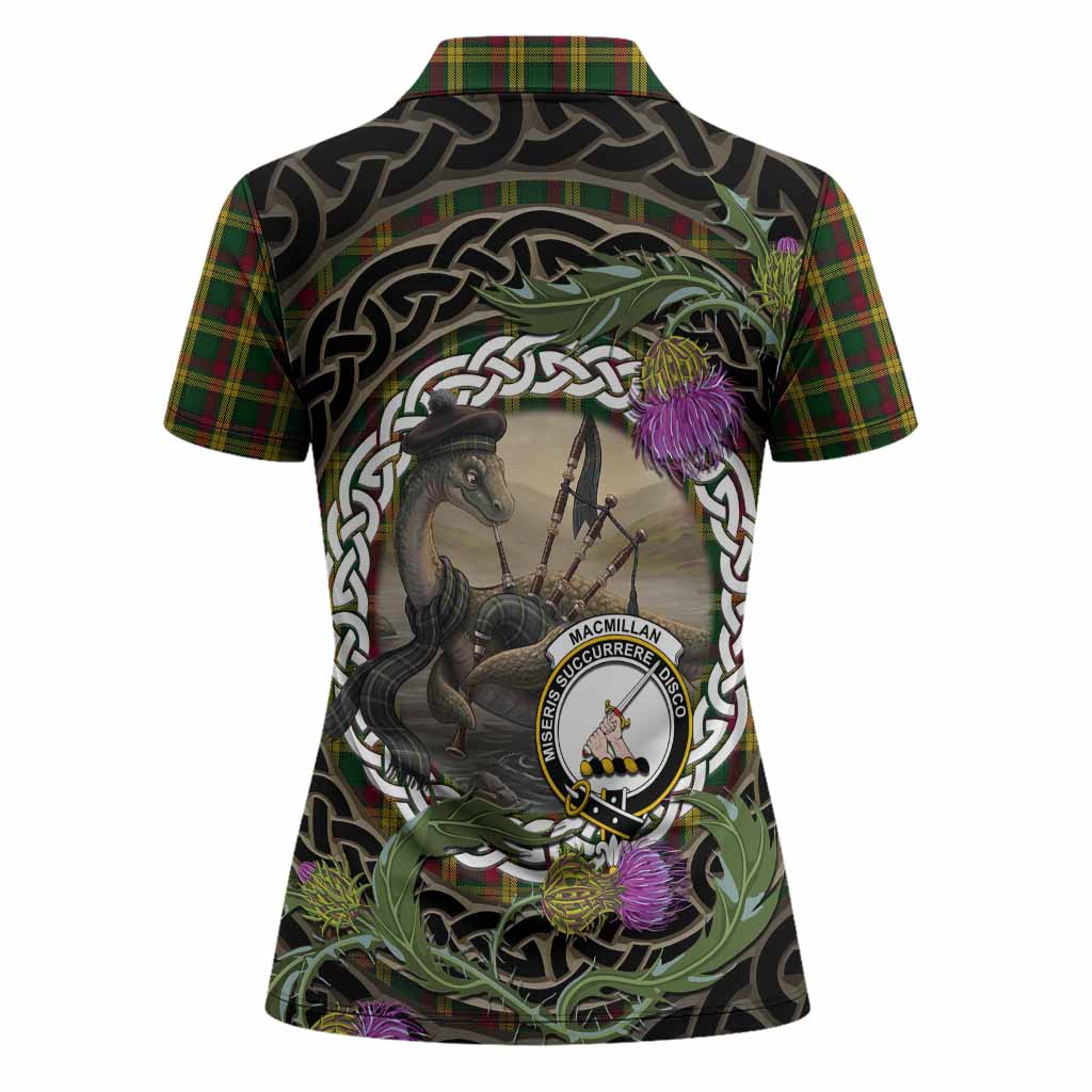 MacMillan (McMillan) Tartan Crest Bagpipe Nessie Women Polo Shirt Scottish Loch Ness Monster Celtic Thistle