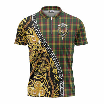 MacMillan (McMillan) Tartan Crest Zipper Polo Shirt Celtic Knot and Triple Trickle Spiral Symbols