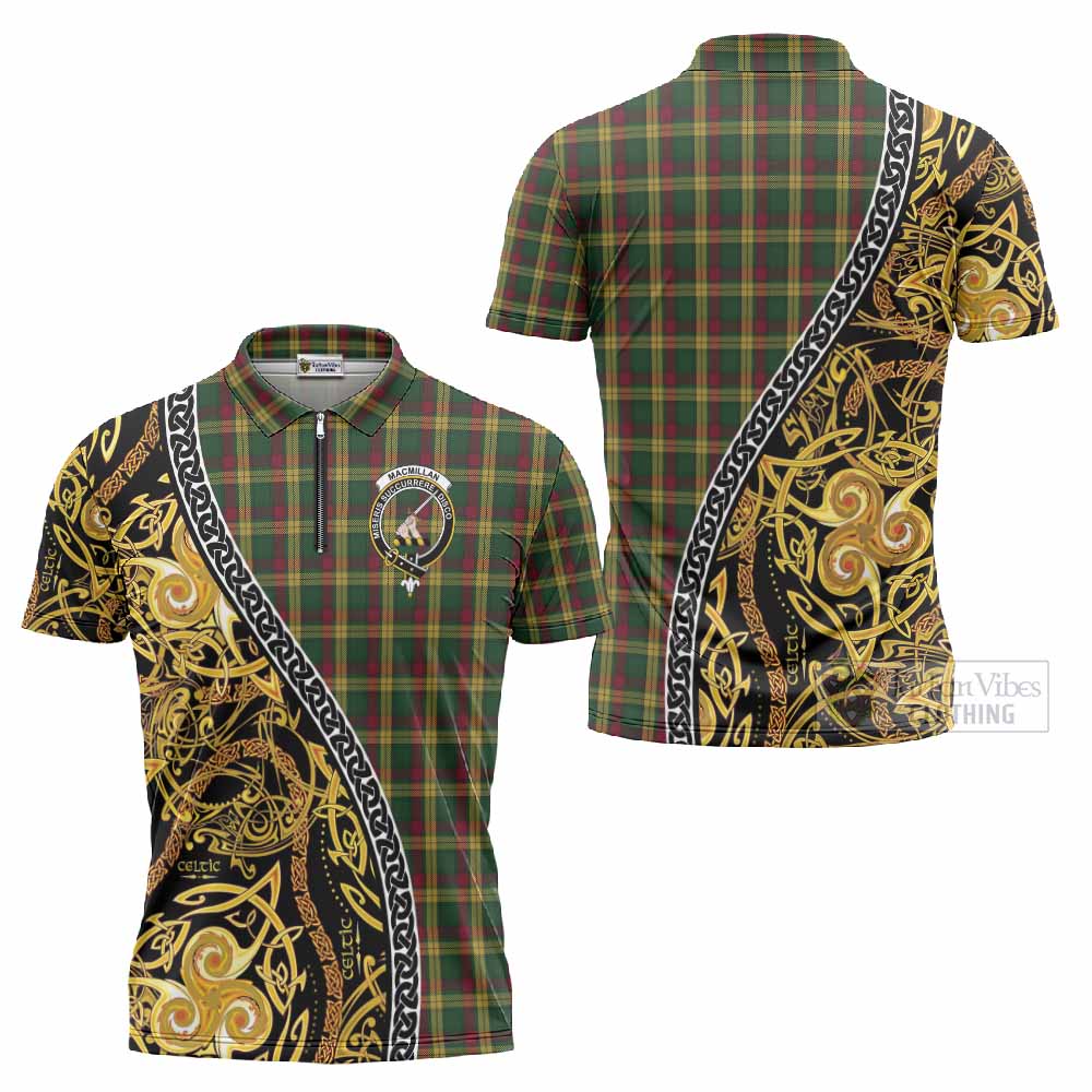 MacMillan (McMillan) Tartan Crest Zipper Polo Shirt Celtic Knot and Triple Trickle Spiral Symbols