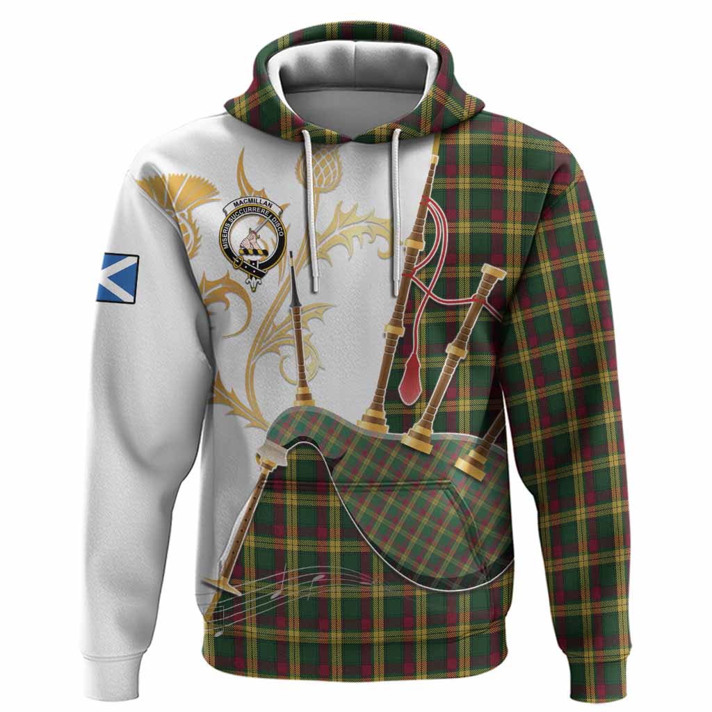 MacMillan (McMillan) Tartan Family Crest Hoodie Bagpipes with Scottish Thistle