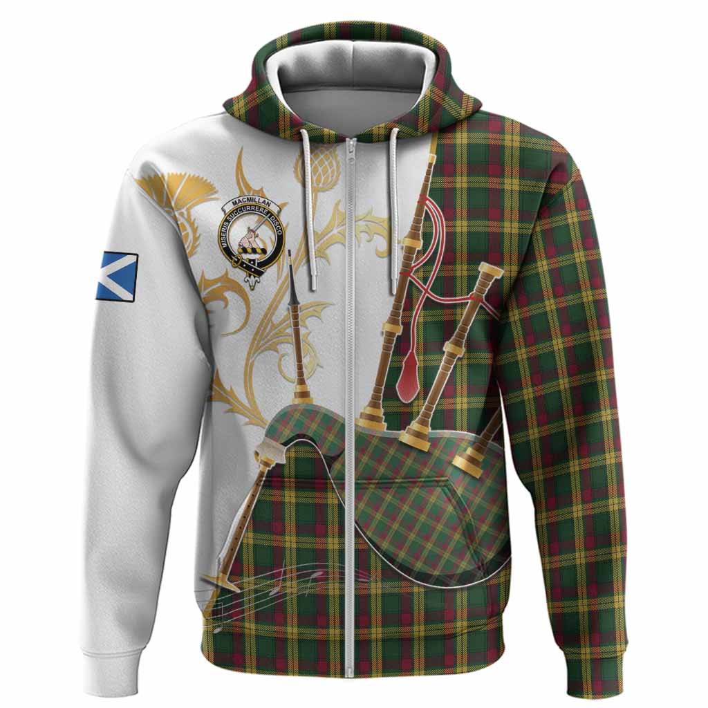 MacMillan (McMillan) Tartan Family Crest Hoodie Bagpipes with Scottish Thistle