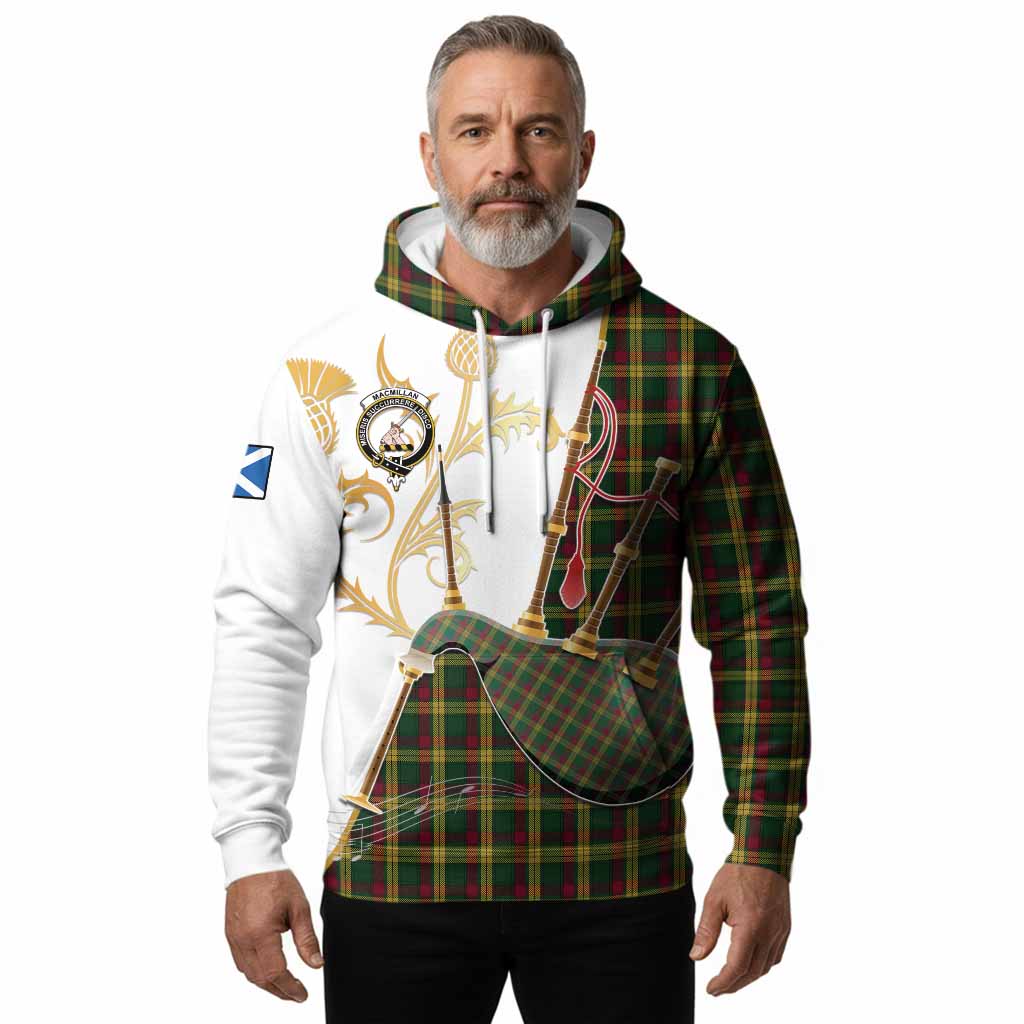 MacMillan (McMillan) Tartan Family Crest Hoodie Bagpipes with Scottish Thistle
