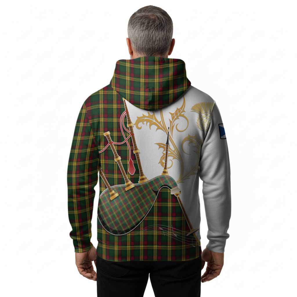 MacMillan (McMillan) Tartan Family Crest Hoodie Bagpipes with Scottish Thistle