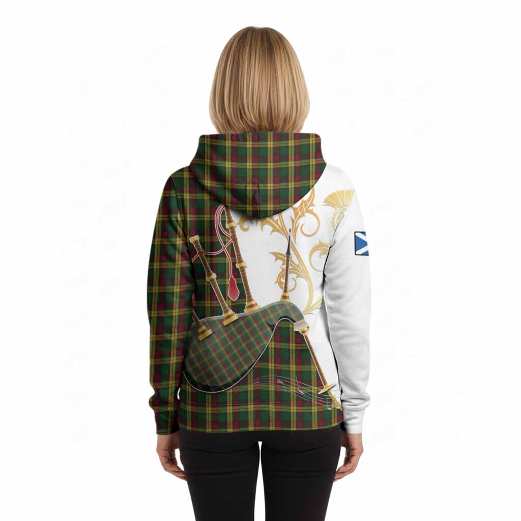MacMillan (McMillan) Tartan Family Crest Hoodie Bagpipes with Scottish Thistle
