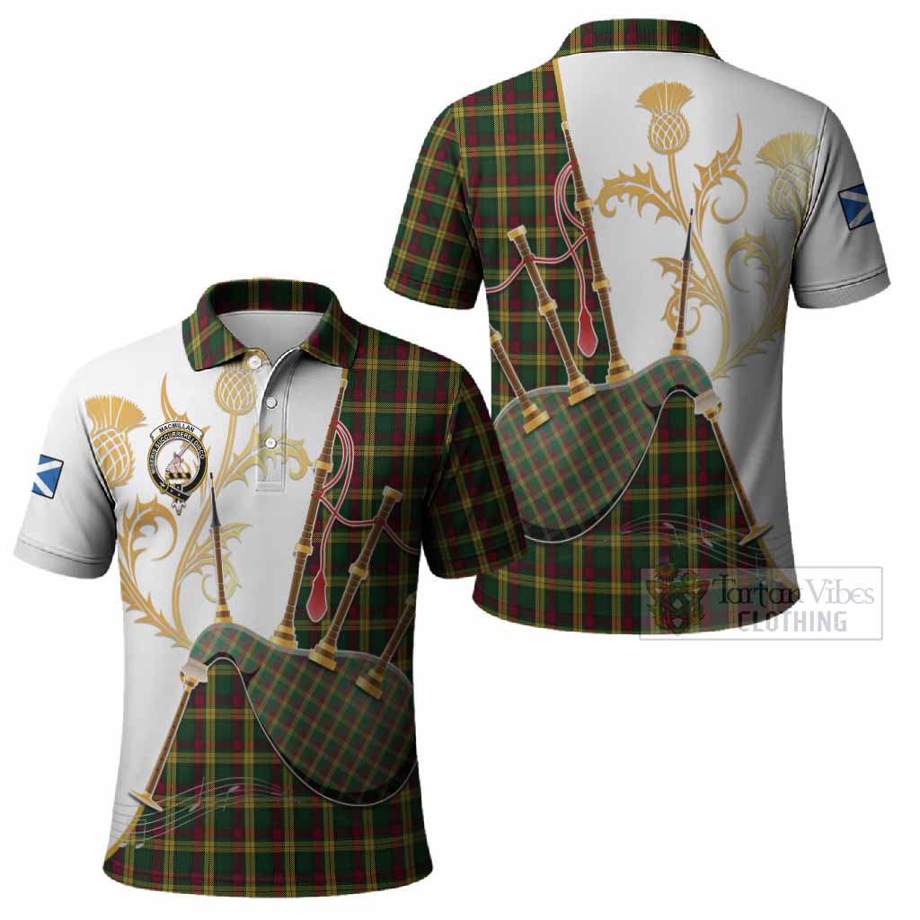 MacMillan (McMillan) Tartan Family Crest Polo Shirt Bagpipes with Scottish Thistle