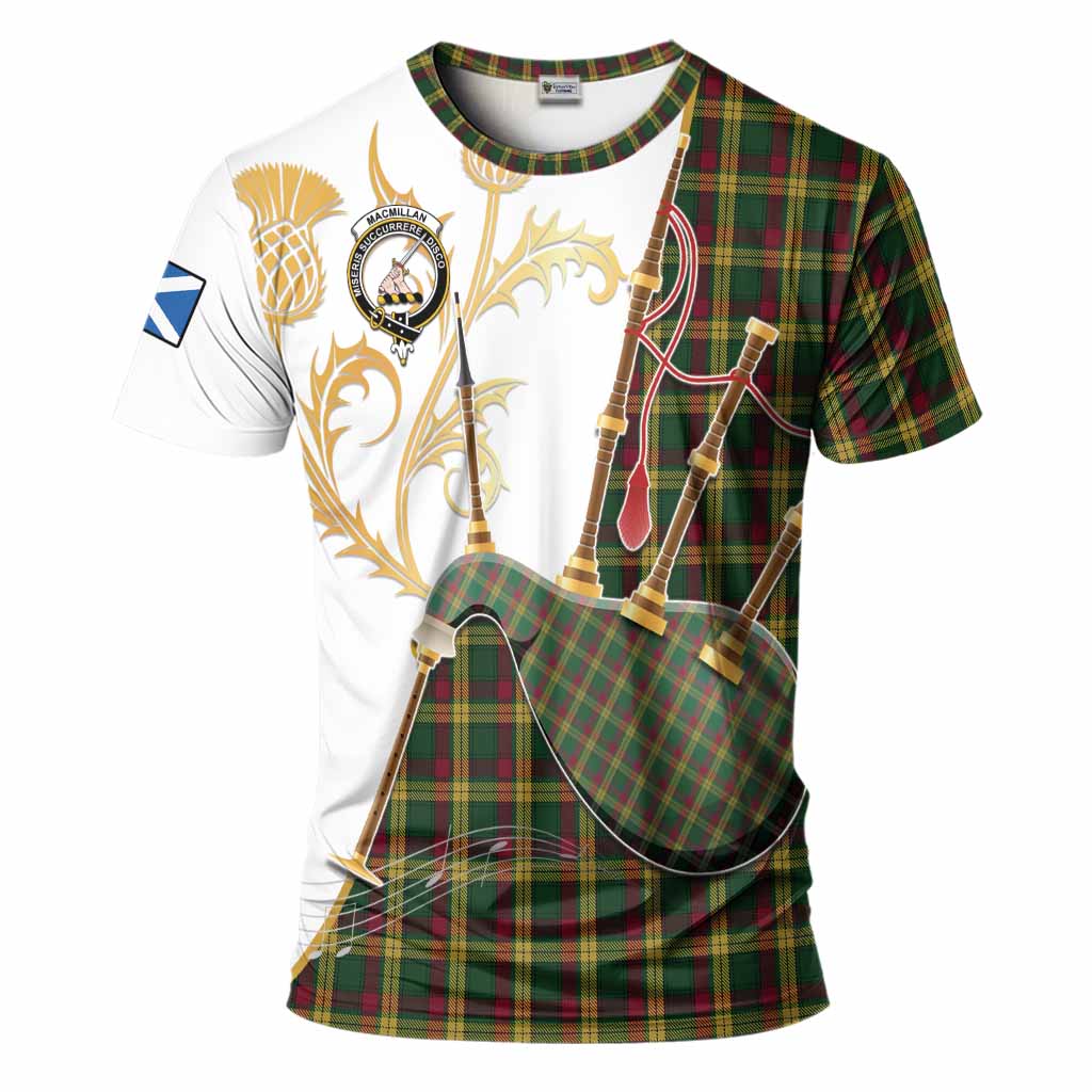 MacMillan (McMillan) Tartan Family Crest T-Shirt Bagpipes with Scottish Thistle