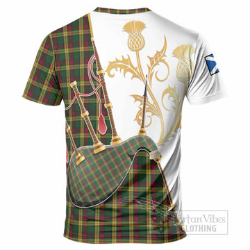 MacMillan (McMillan) Tartan Family Crest T-Shirt Bagpipes with Scottish Thistle