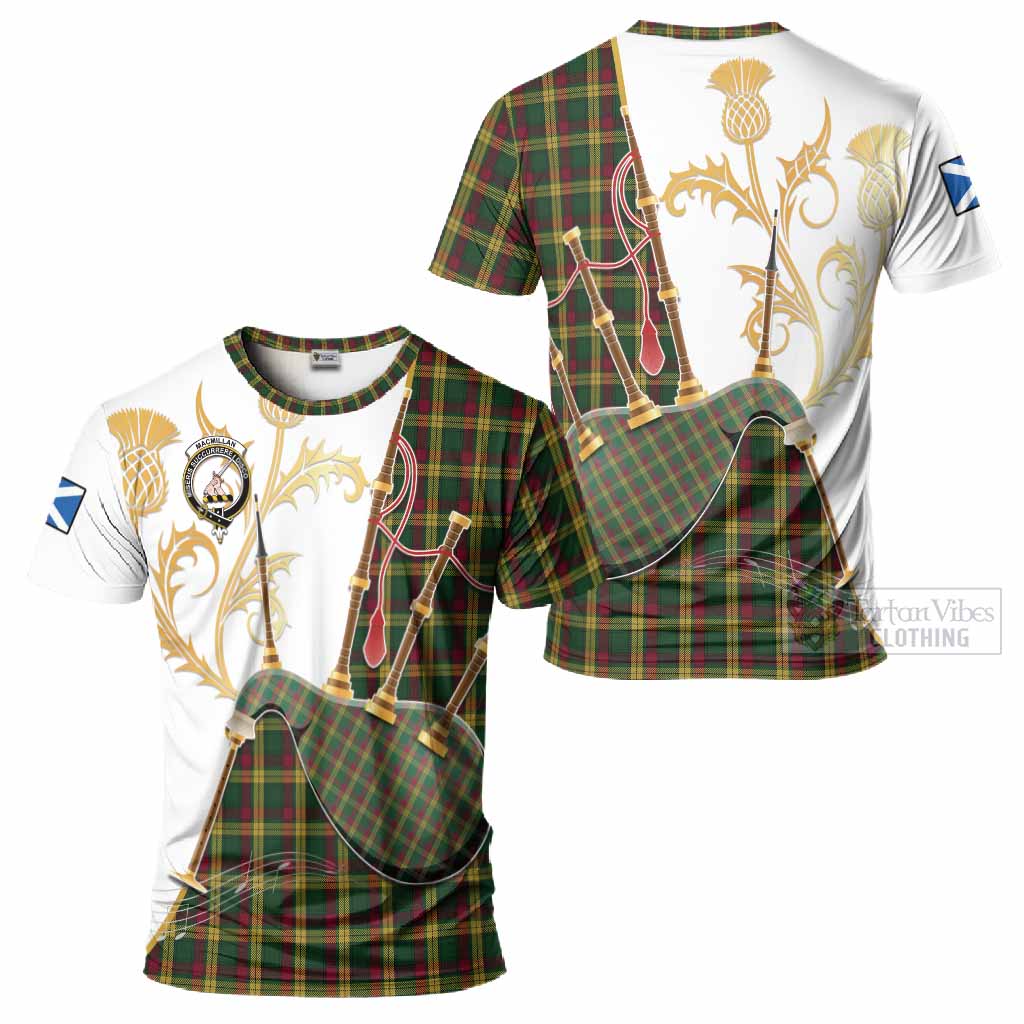 MacMillan (McMillan) Tartan Family Crest T-Shirt Bagpipes with Scottish Thistle