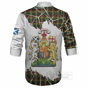 MacMillan (McMillan) Tartan Ghillie Shirt with Family Crest and Lion Rampant Grunge Style