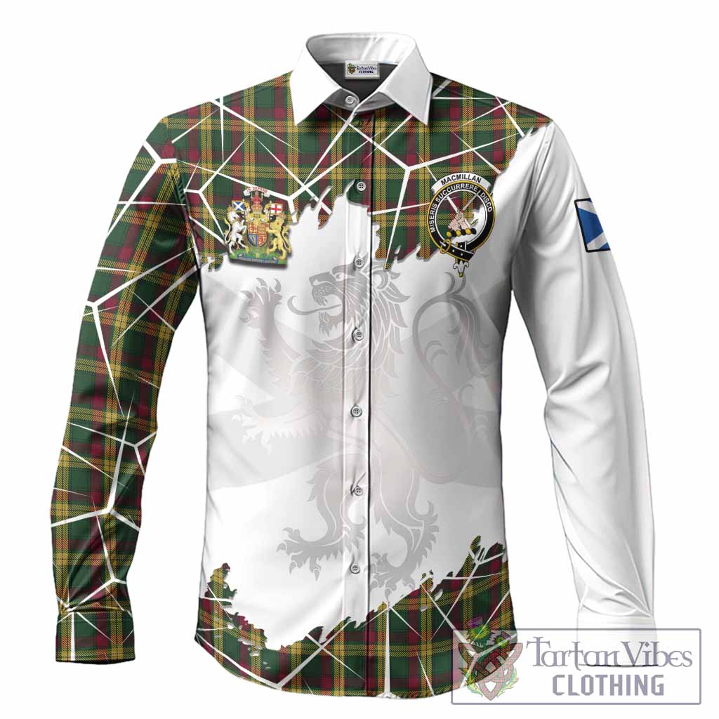 MacMillan (McMillan) Tartan Long Sleeve Button Shirts with Family Crest and Lion Rampant Grunge Style