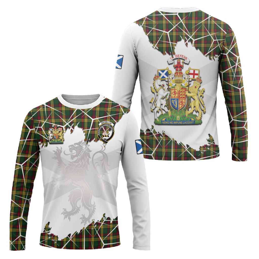 MacMillan (McMillan) Tartan Long Sleeve T-Shirt with Family Crest and Lion Rampant Grunge Style
